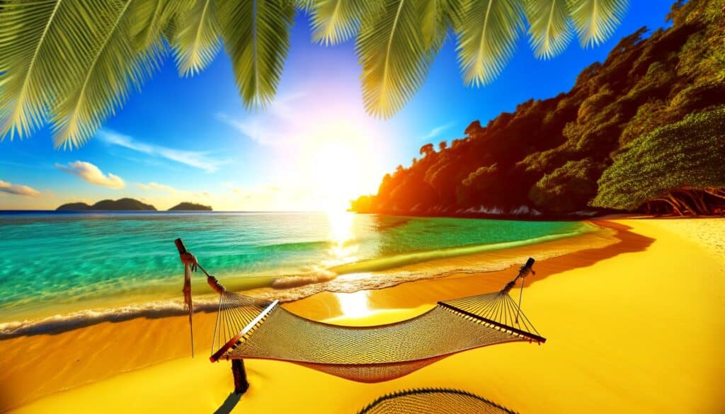 A hammock on a sandy tropical beach with turquoise water and a bright sun setting in the background.